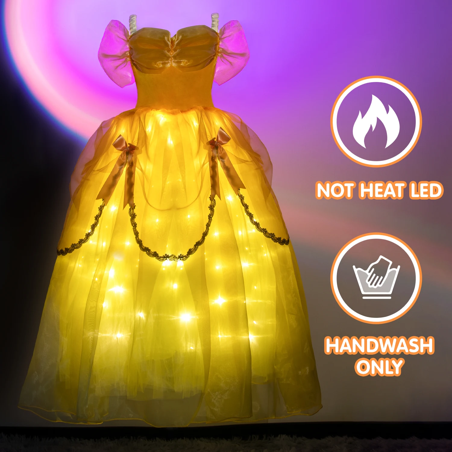 Uporpor Princess Belle LED Light Up Dress for Girl Kids Ball Gown Child Cosplay Bella Beauty and The Beast Costume Fancy Party