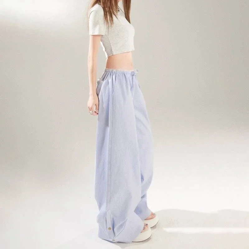 الرجعية منخفضة الارتفاع مخطط واسعة الساق السراويل عادية الدانتيل الرباط ثنى Y2K نمط الربيع الصيف المرأة الملونة فضفاضة تناسب بنطلون