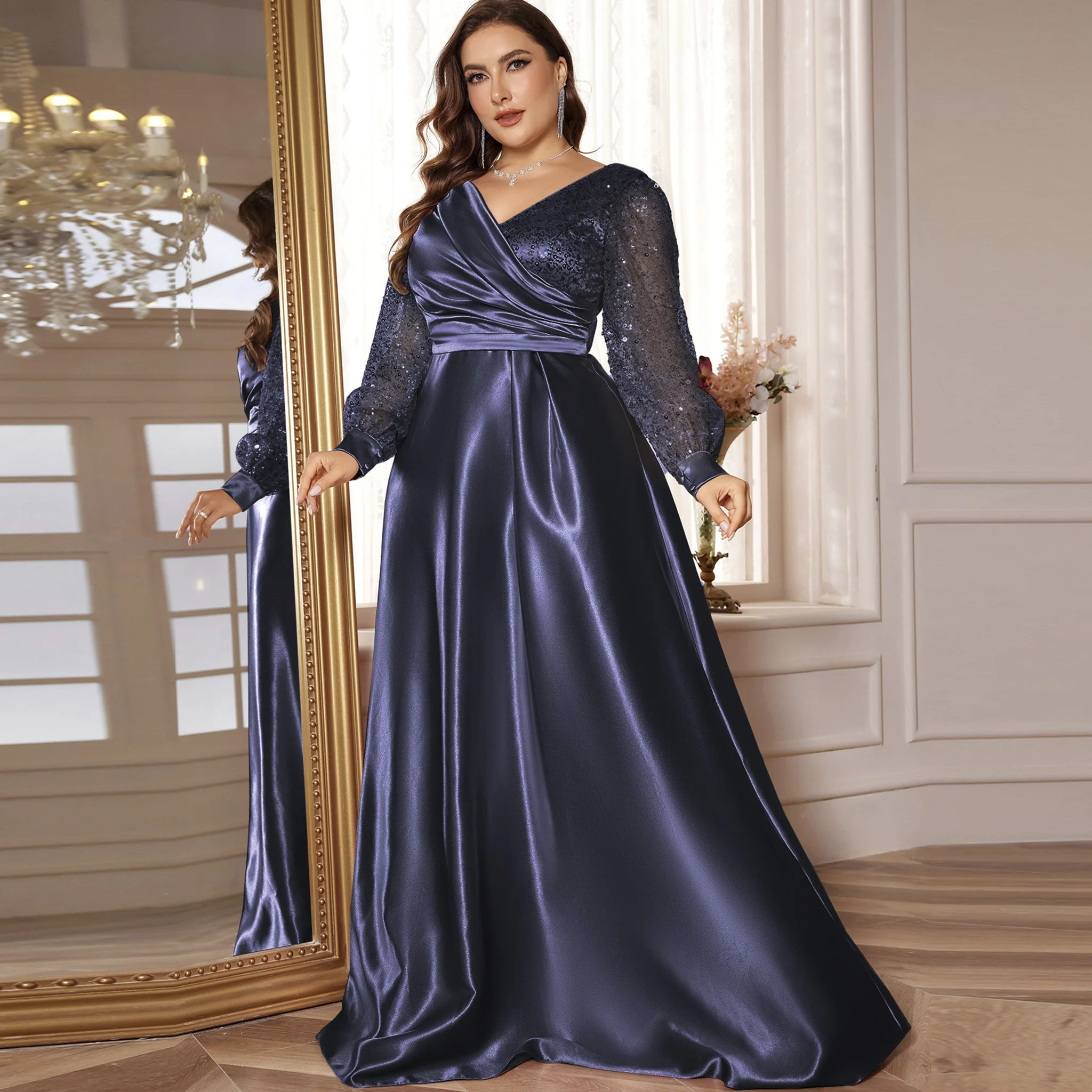 

Rosymae Plus-Size Satin Evening Dress Long-Sleeved V-Neck Sequin Embellished Wrap-Style Bodice A-Line Skirt for Women