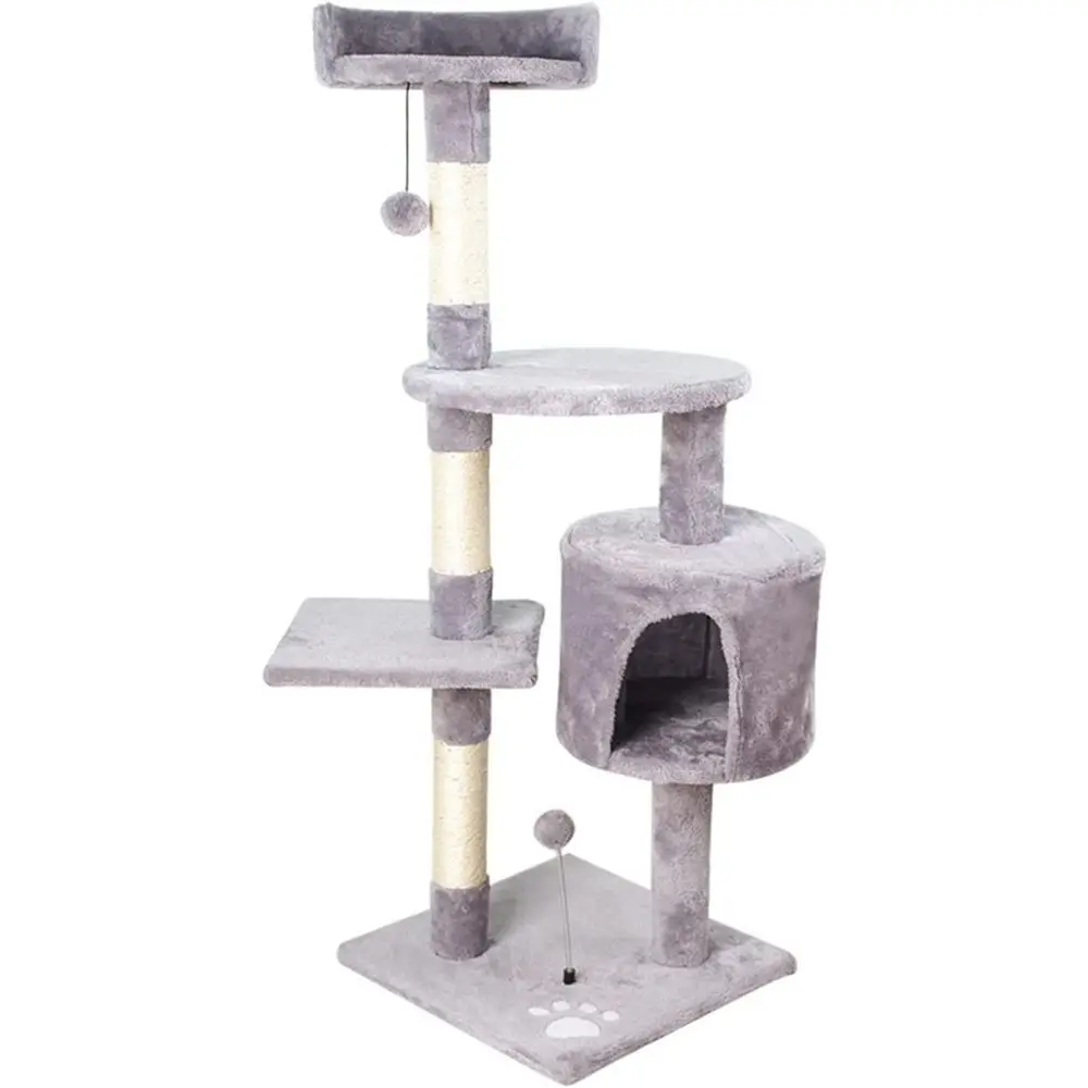 

Indoor Gray Cat Tower with Litter Box, Climbing Platforms, and Toys