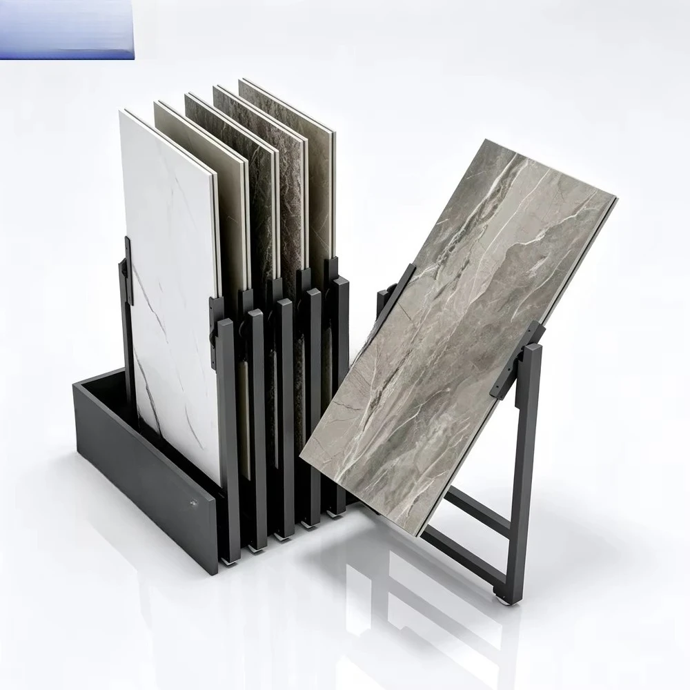 Freestanding 6-page can pull out the rotating tile display stand, which can accommodate 2 800x1600mm tiles that rotate 180 degre