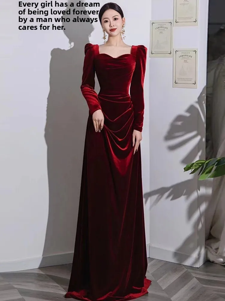 

Ele Long Sve Square Collar Wedding Dr Fi Tail Evening Gown for Engagement Parties Banquets Red Color Bridal Dr