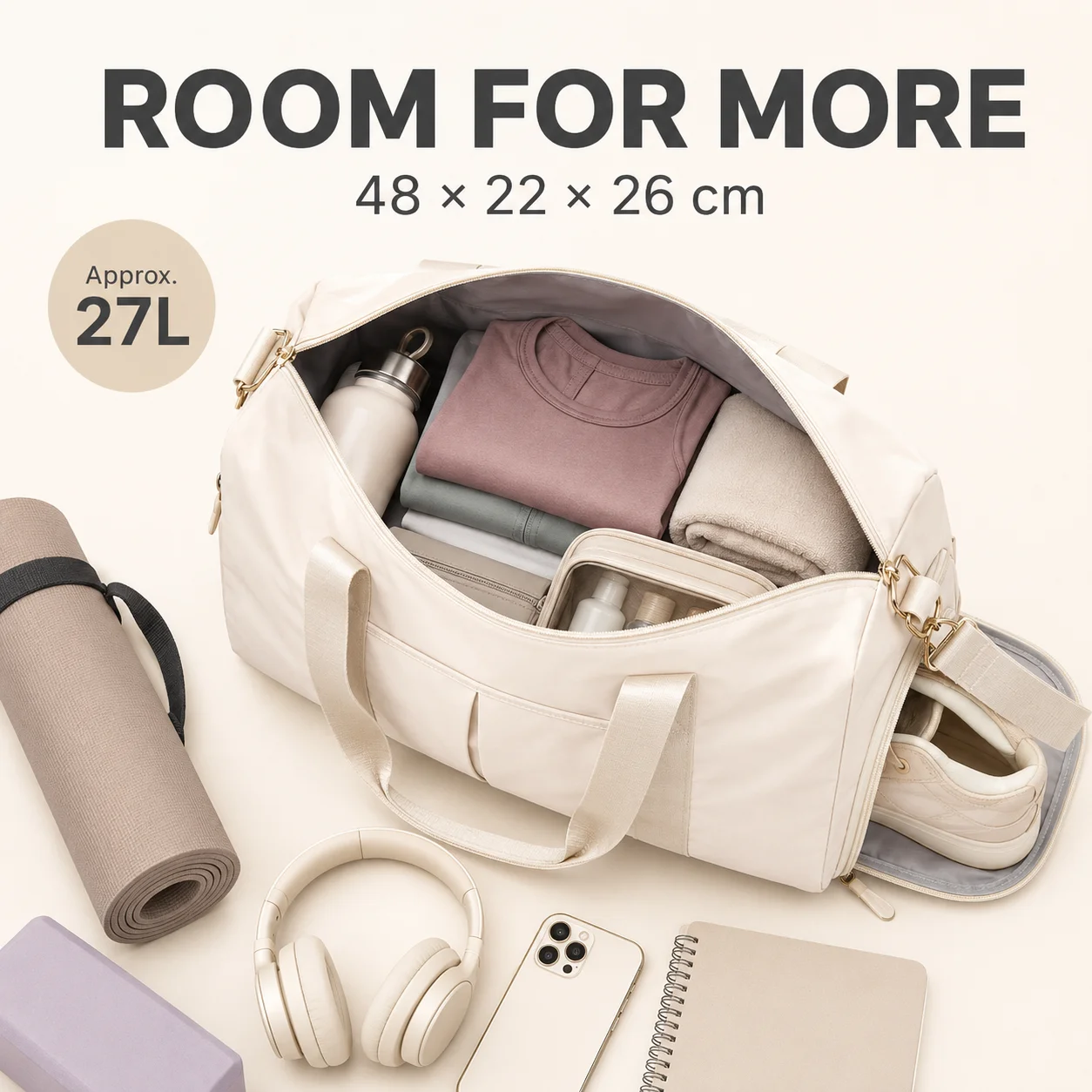 Yoga Gym Bag for Women, Large Capacity Travel Duffle with Shoe Compartment, Luggage Sleeve and Adjustable Shoulder Strap