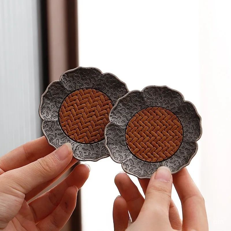 2 pièces de dessous de verre en rotin tressé rétro à motif marteau chinois, en alliage, support de tasse lotus, isolant thermique, pour service à thé