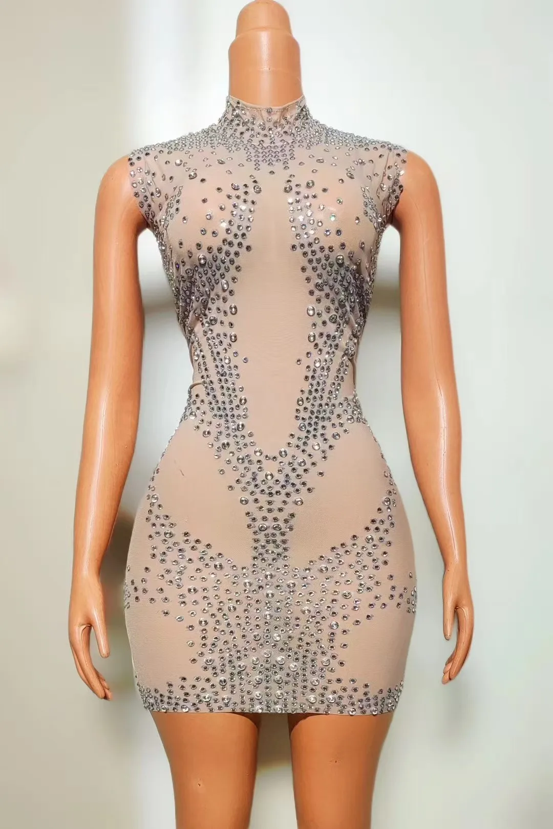Sexy Perspective Mesh Full Diamond Sleeveless ShortSkirt Nightclub DJ Bar Female Singer Dance TeamStage Dress Party Theme   A931