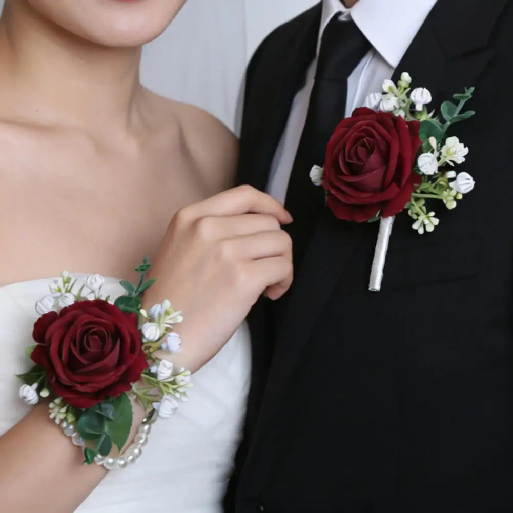 Rose Wrist Corsage Suit Corsage Wristlet Band with Faux Pearl Roses Floral Bracelet for Bride Groom Wedding Prom Flower