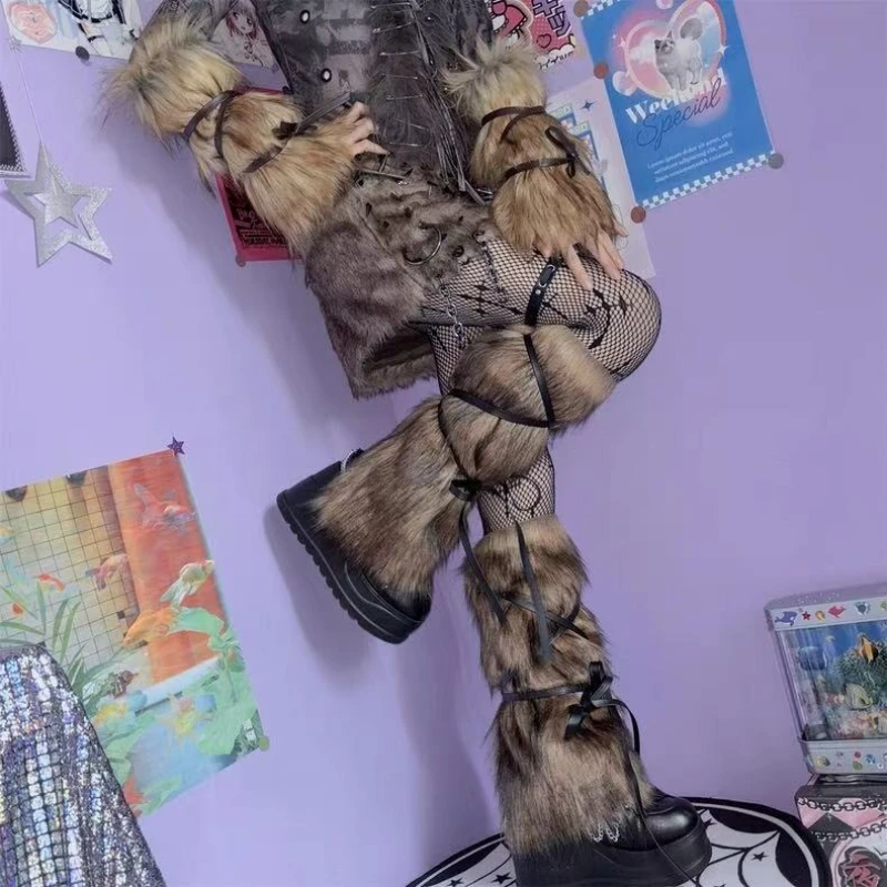 Winter Faux Wool Warm Leg Warmers Tie Down Extra Long Sleeve Set Punk Style Arm Warmers Boot Warmers Halloween Stage Costumes