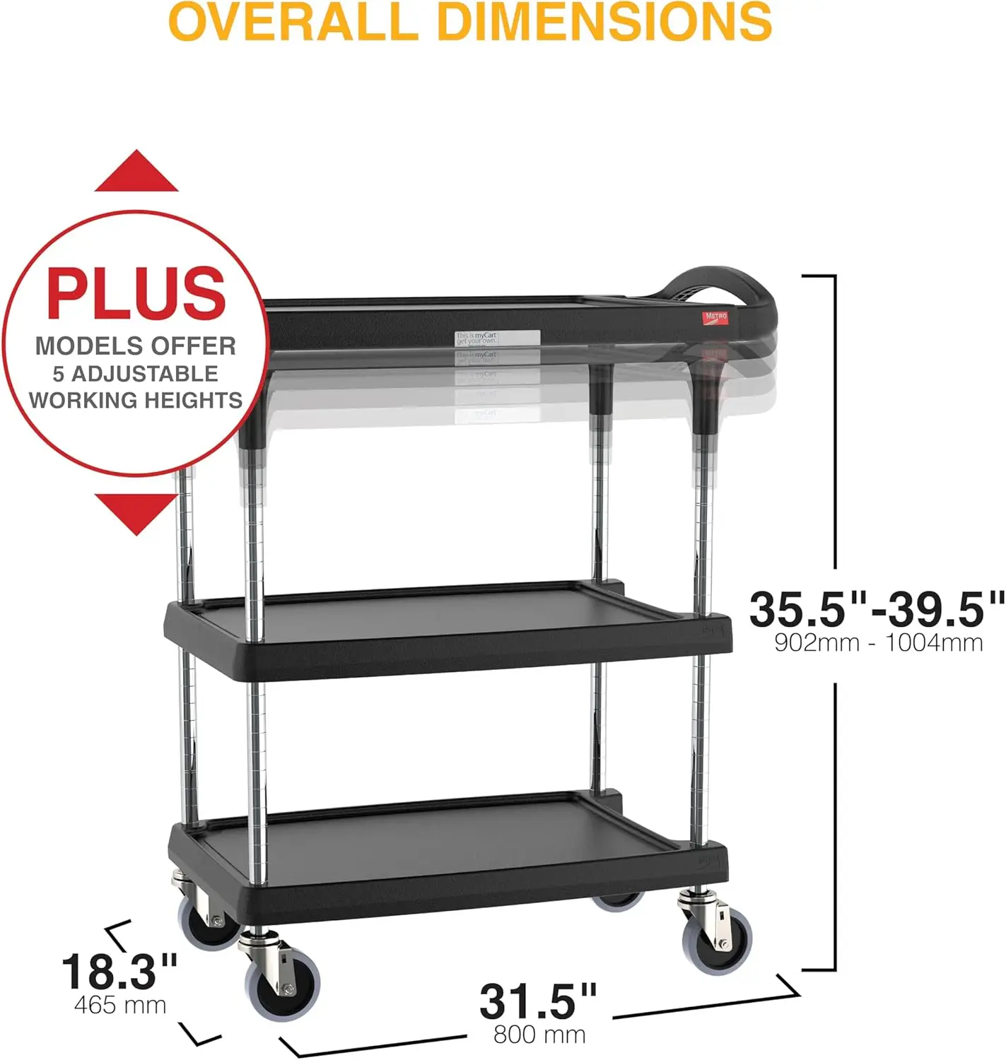 ro Mycart Plus Utility Cart - Choose-Your-Height Adjustable Heavy Duty Rolling Cart For Home, Commercial And Industrial Use