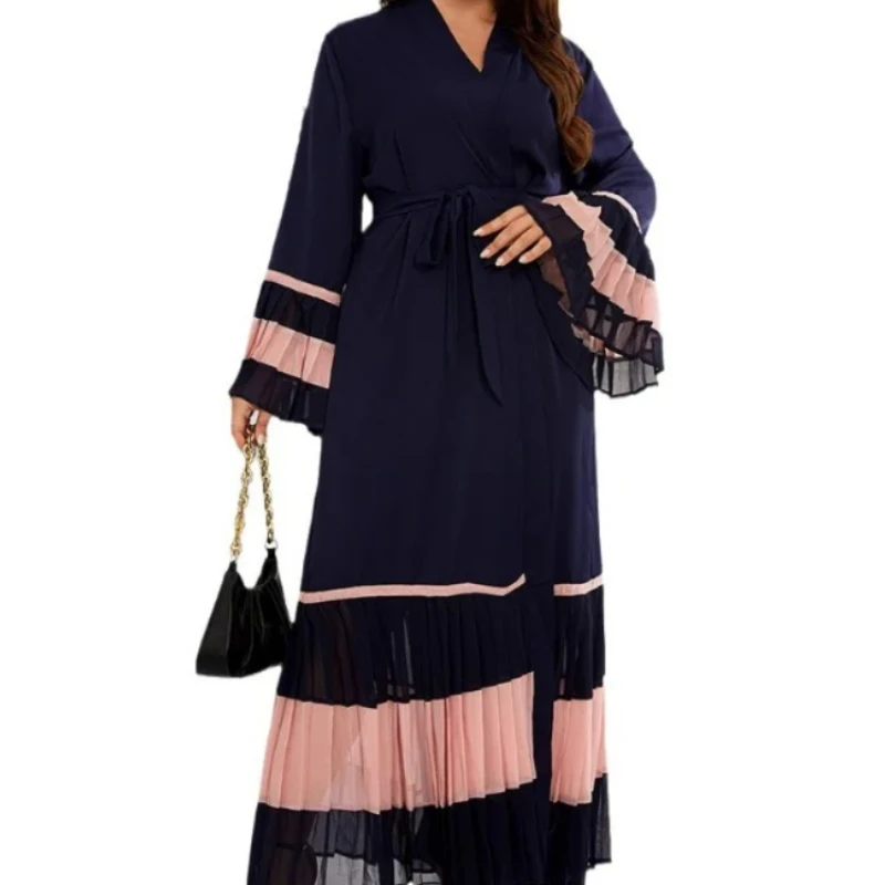 

Abaya Dress 2024 Elegant Spring Summer Muslim Women Logn Sleeve V-neck Polyester Long Maxi Dress Kaftan Muslim Fashion Abaya