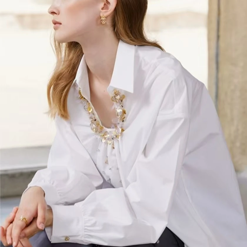 

Luxury Design 100% Cotton Long Sleeve White Blouses Shirts Women for 2025 Autumn Trend Loose Casual Tops Woman Clothes