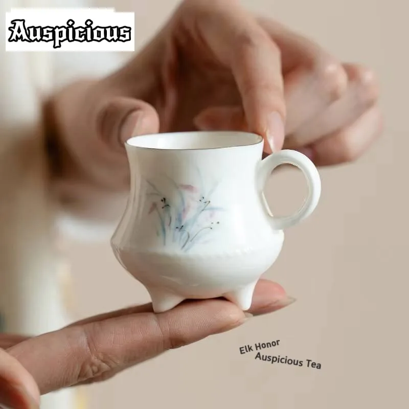 50ml Pure Hand-painted Orchid Porcelain Teacup White Gold Three Legged Tea Cup with Handle Personal Master Cup Teaset Drinkware