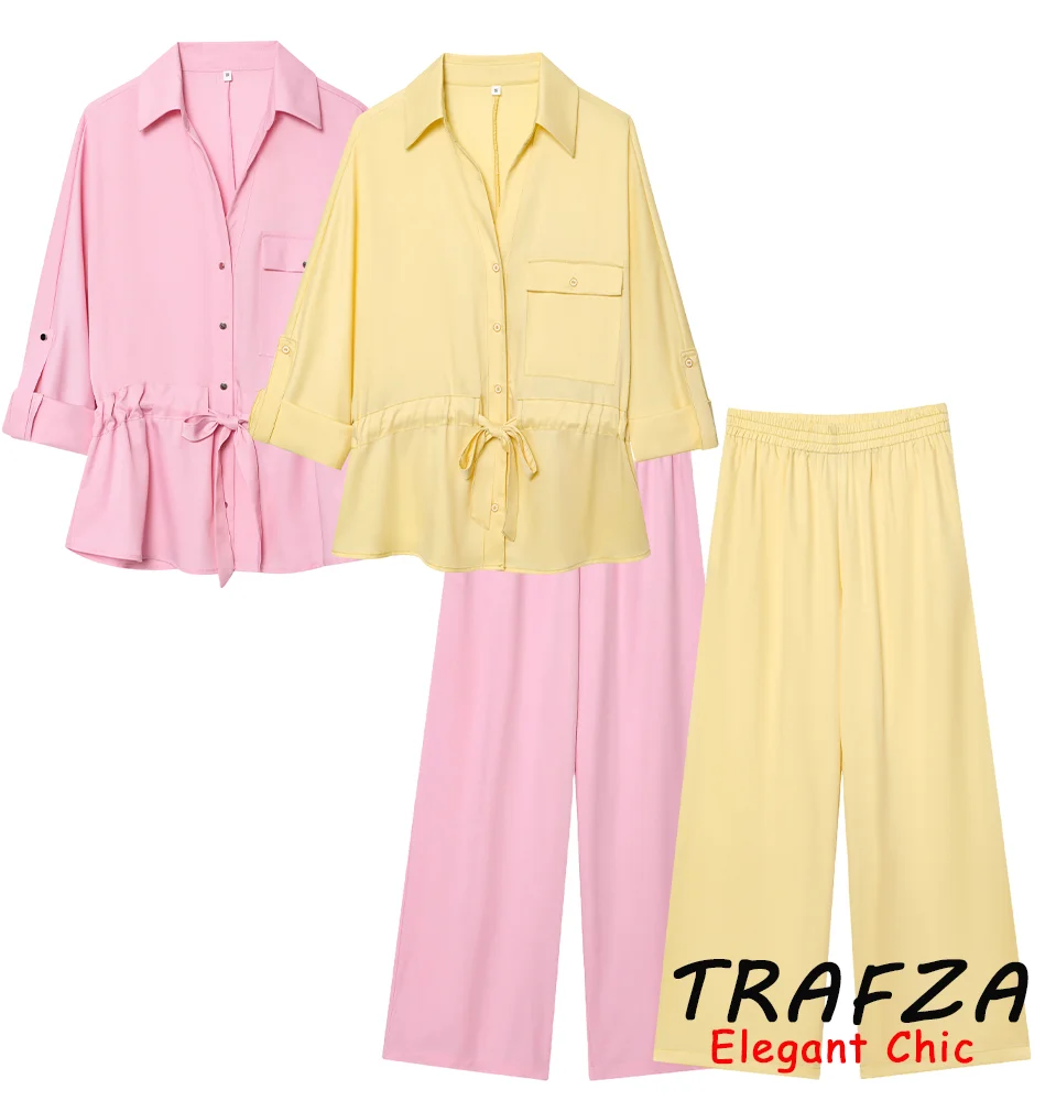 

TRAFZA Casual Y2K Shirt Set Women's Waist Lace-up Shirt Or Elastic Waist Pant 2025 Spring Summer Fashion Holiday Sweet Pant Set