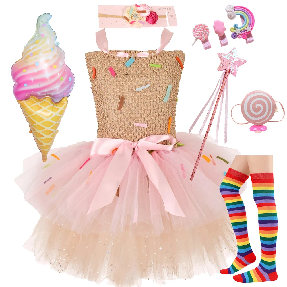 Sweet Ice Cream Candy-Themed Girls Dress for Kids Birthday Carnival Party Rainbow Tutu Children's Costume Wedding Outfits