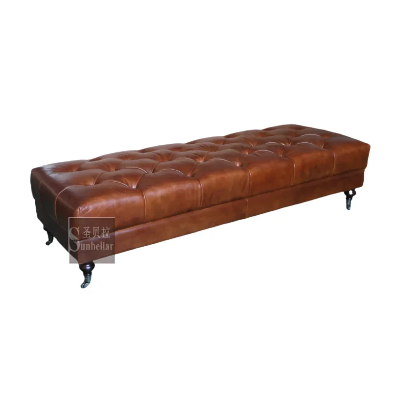 Customized Vintage Genuine Leather Fully Tufted Buttons Long Ottoman Bench Stool Living Room Center Table Bedroom Bed End Bench