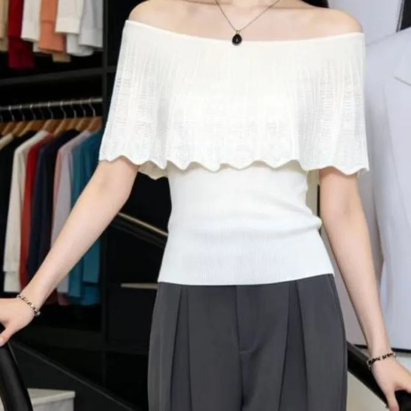 Women's 2026 Summer Korean Off Shoulder Cutout Knit Top Slim Fit Elegant Chic Coquette Streetwear Trendy  Jumper