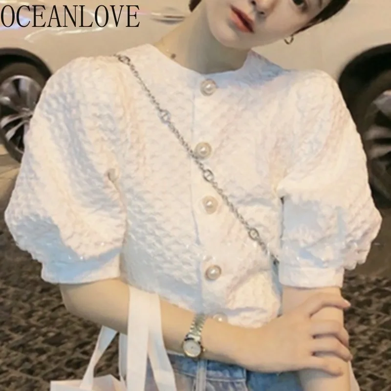 

OCEANLOVE блузки с пышными рукавами, однотонные корейские модные милые летние женские рубашки, однобортные шикарные винтажные элегантные майки