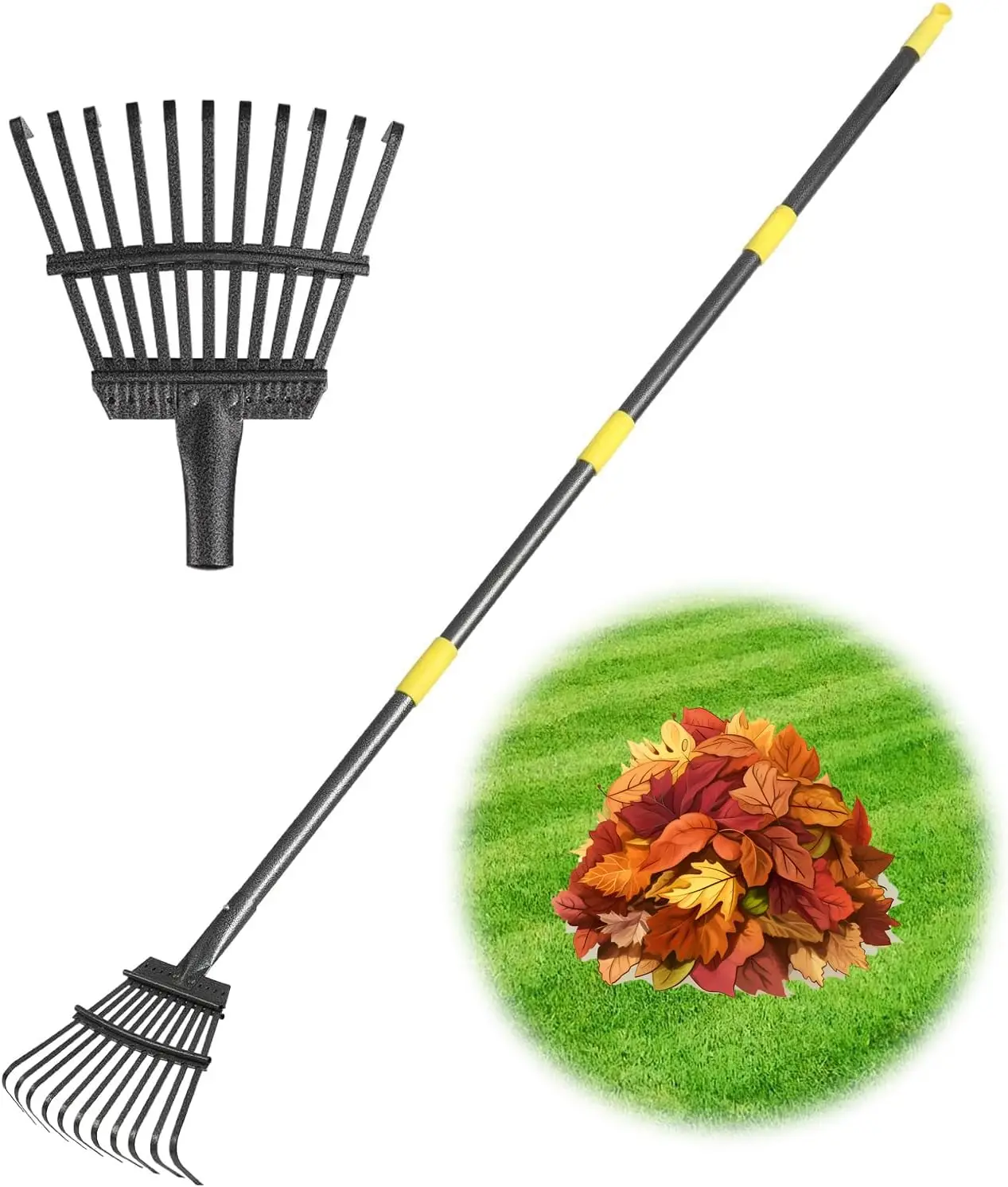 

70" Adjustable Leaf Rake, 11 Steel Tines, Lightweight & Durable for Garden, Yard, Shrubs, Flower Beds