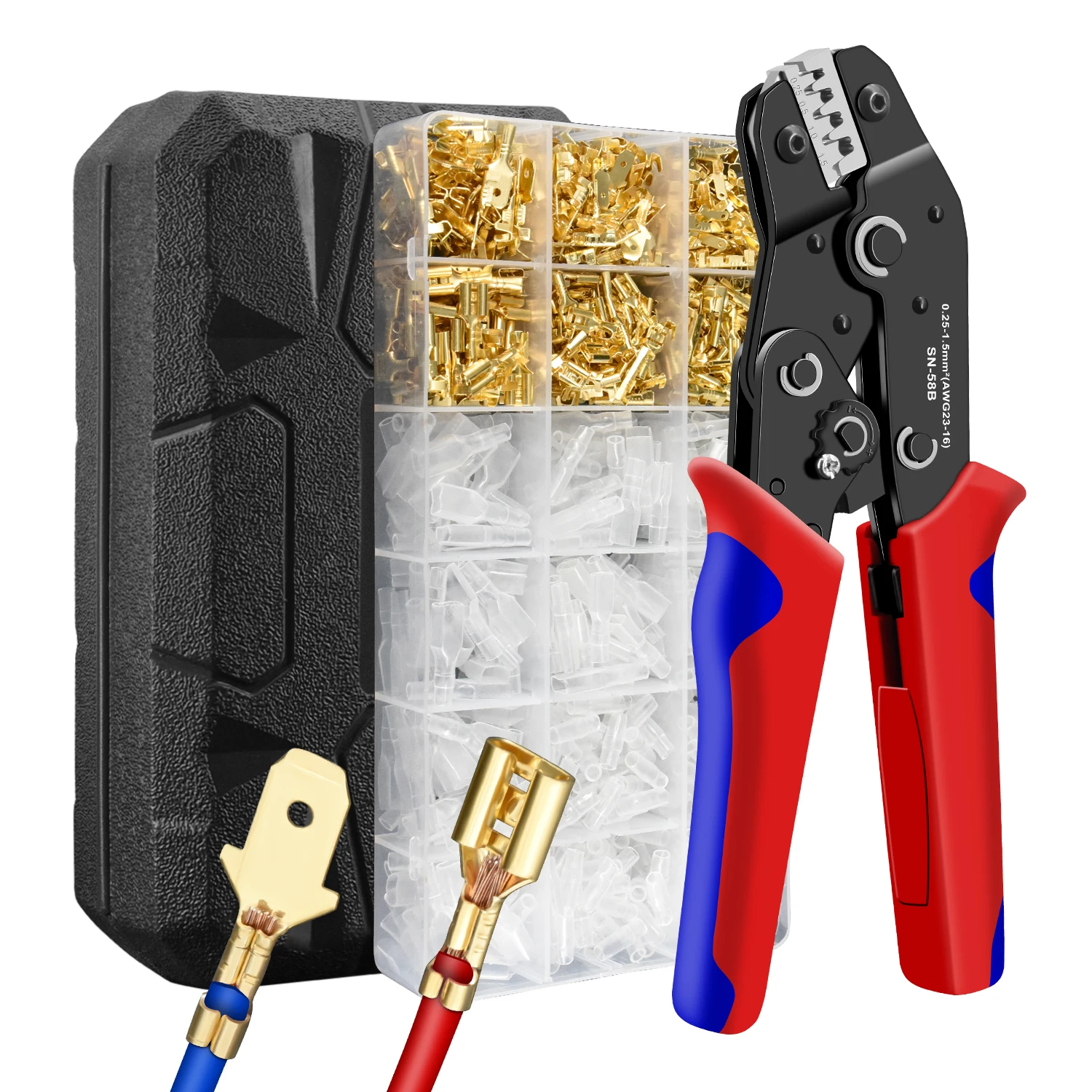 SN-58B 300PCS Crimping Tool Male Female Wire Box Insulated Cable Terminals  Crimper Plier 2.8/4.8/6.3mm Electrical Assorted Kit