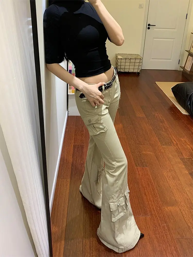 Retro Large Size Multi-pocket Low-waist Work Pants for Women Y2k Millennium Hot Girl Slim Micro-flared Floor Mopping Pants