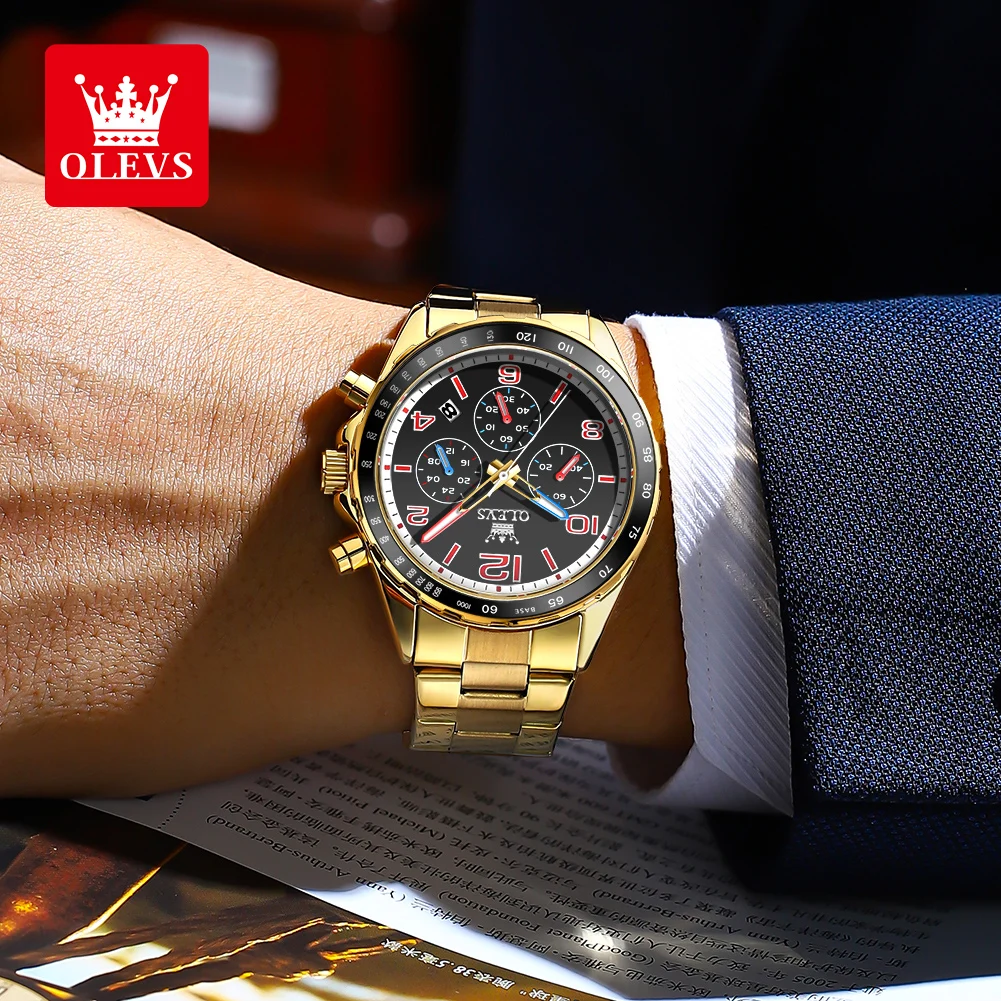 Olevs-メンズラグジュアリークォーツ時計、ステンレス鋼、防水、発光、クロノグラフ、デジタルダイヤル、メンズリストウォッチ、限定、新品