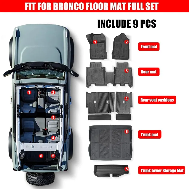 Mats for Ford Bronco Accessories 4-Door 2021 2022 2023 2024 Floor Mats Rear Seat Back Cover and Cargo Liners with Trunk