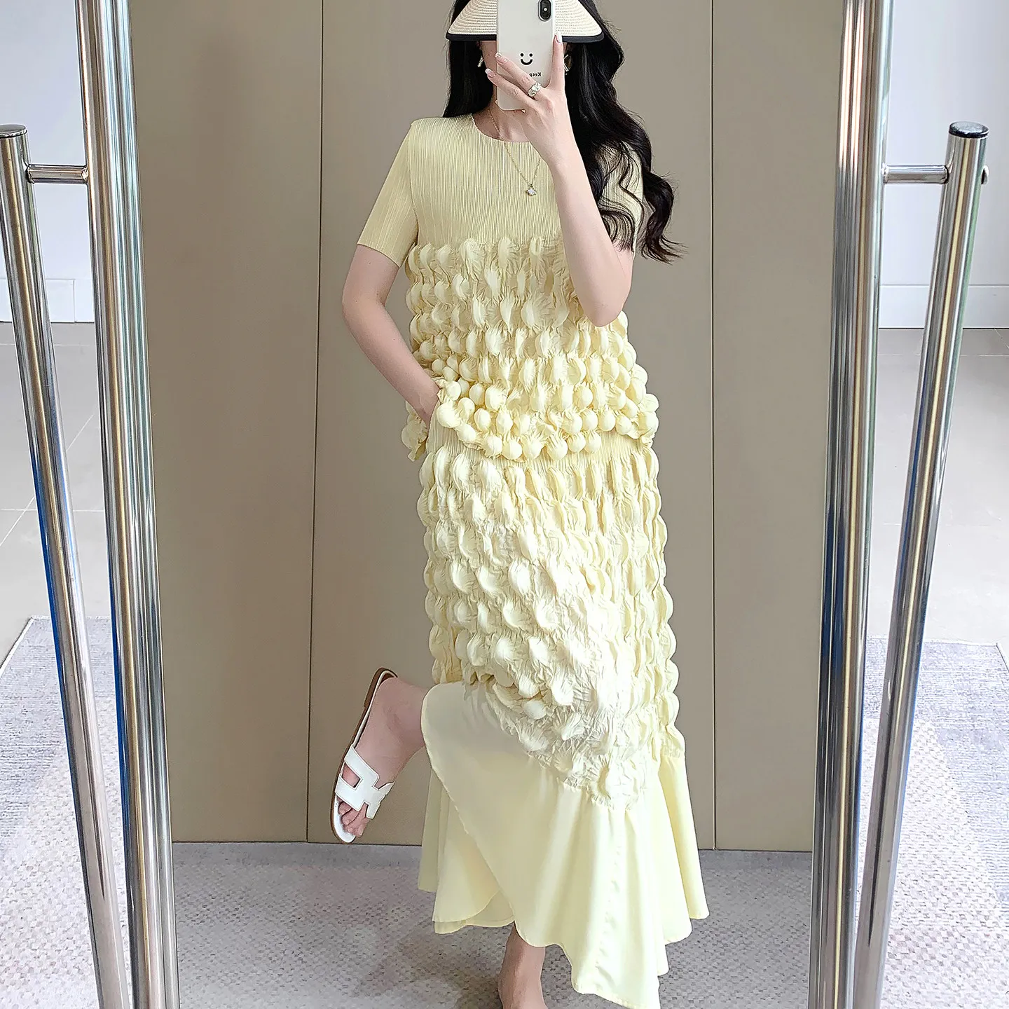 

Miyake 2026 Summer New Short Sleeve T-Shirt High Waist Skirt Bubble Elastic Pleated 2-Piece Set Women's Elegant Fashion Clothing