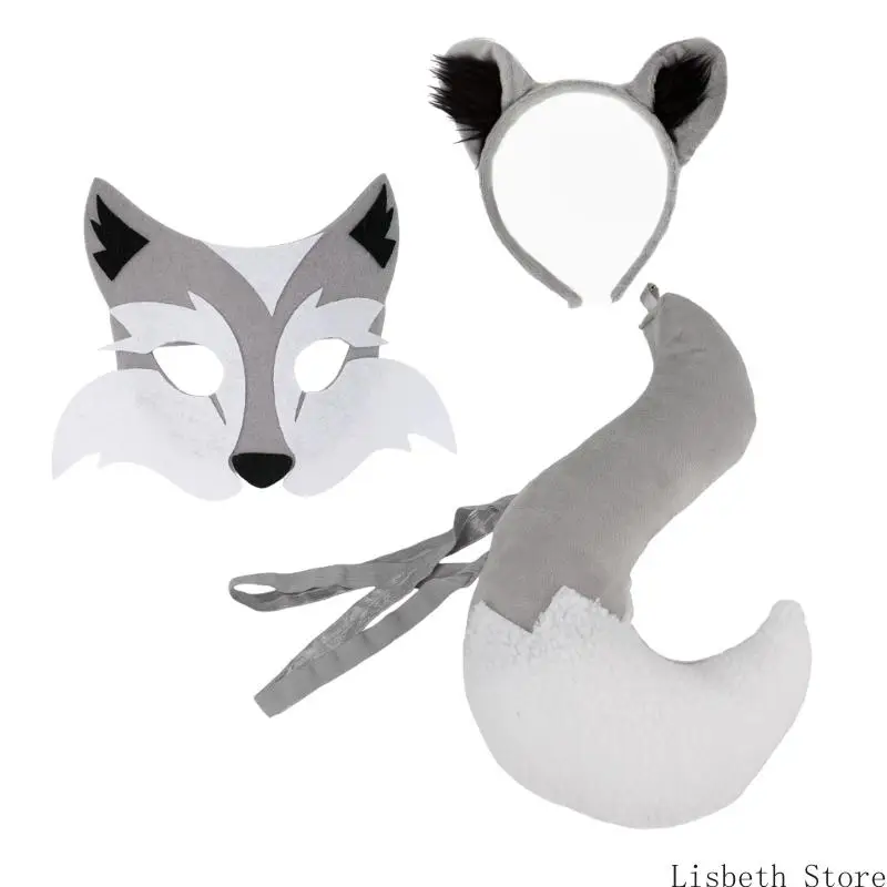

124A 3PCS CATS WOLF COSTUMES COSPLAY WOLF Уши Уши с повязкой с хвостом волчьей маски набор Хэллоуин животные причудливые