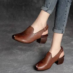 Thick-heeled Soft Leather Outer Slippers Fish Mouth Comfortable Versatile Mid-heeled Women Sandals Women's Mother's Shoes Mules