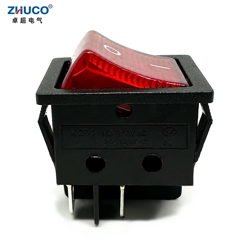 1PC KCD4-201NB-4P-R 220V Red LED Light 30X22mm Mounted Hole 4 Pins DPST ON OFF Power Rocker Switch Heavy Duty 15A 250VAC