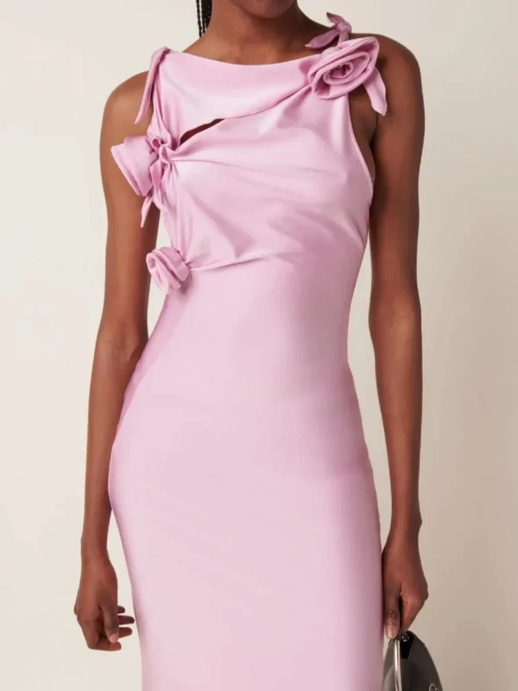 Seksowna sukienka z wyciętymi kwiatami, patchworkowa, długa sukienka damska, różowa, bez rękawów, asymetryczne wycięcia, wąskie sukienki, elegancka wieczorowa impreza koktajlowa