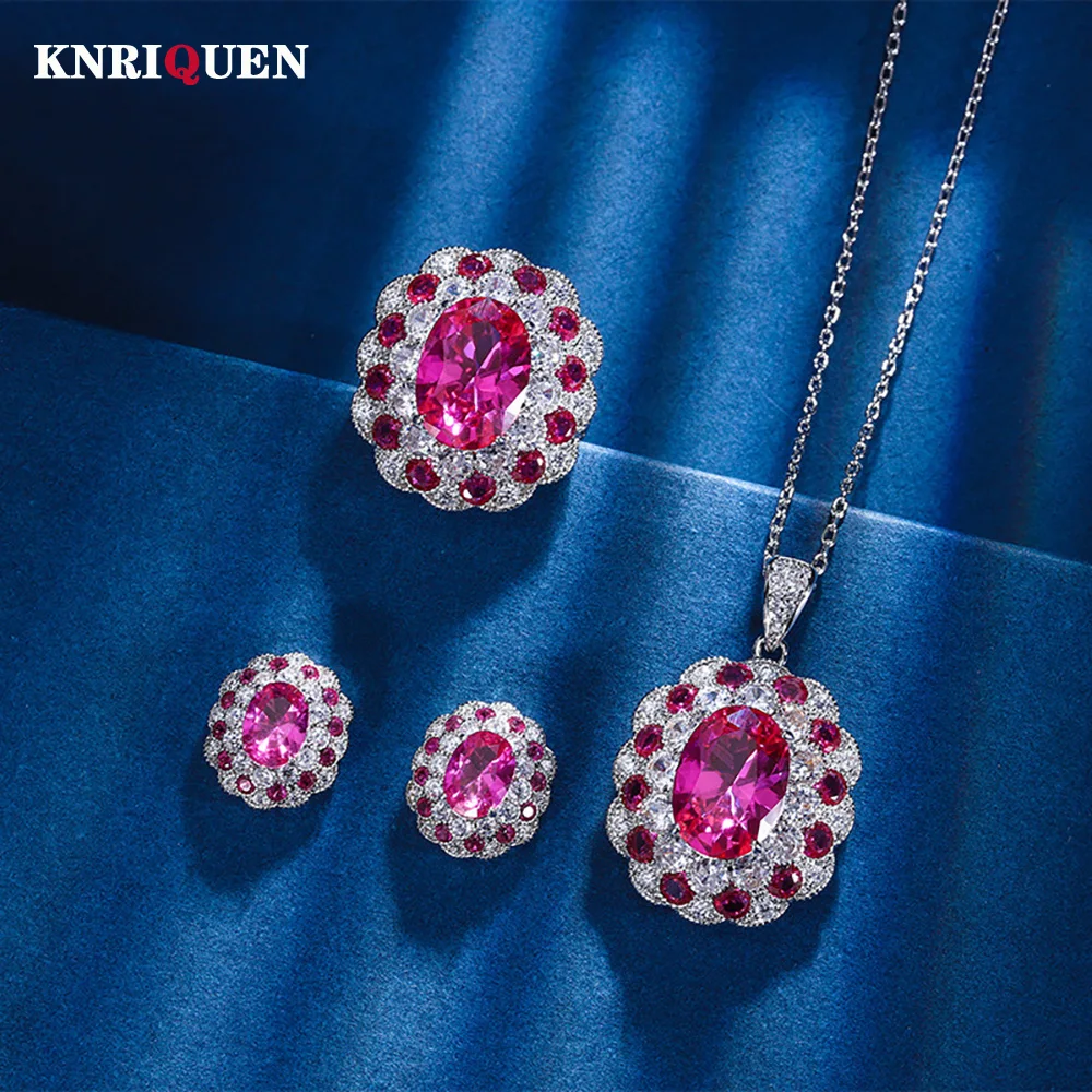 

New Vintage Ruby Necklace Pendant Rings Earrings Lab Diamond Gemstone Wedding Party Fine Jewelry Sets for Women Anniversary Gift