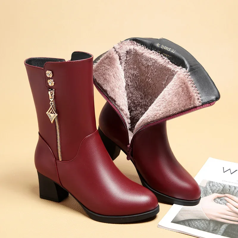 Women's High Heel Boots Winter Pointed Toe Plus Velvet for Side Zipper Middle Tube Boots Fashion Metal Decoration Modern Boots