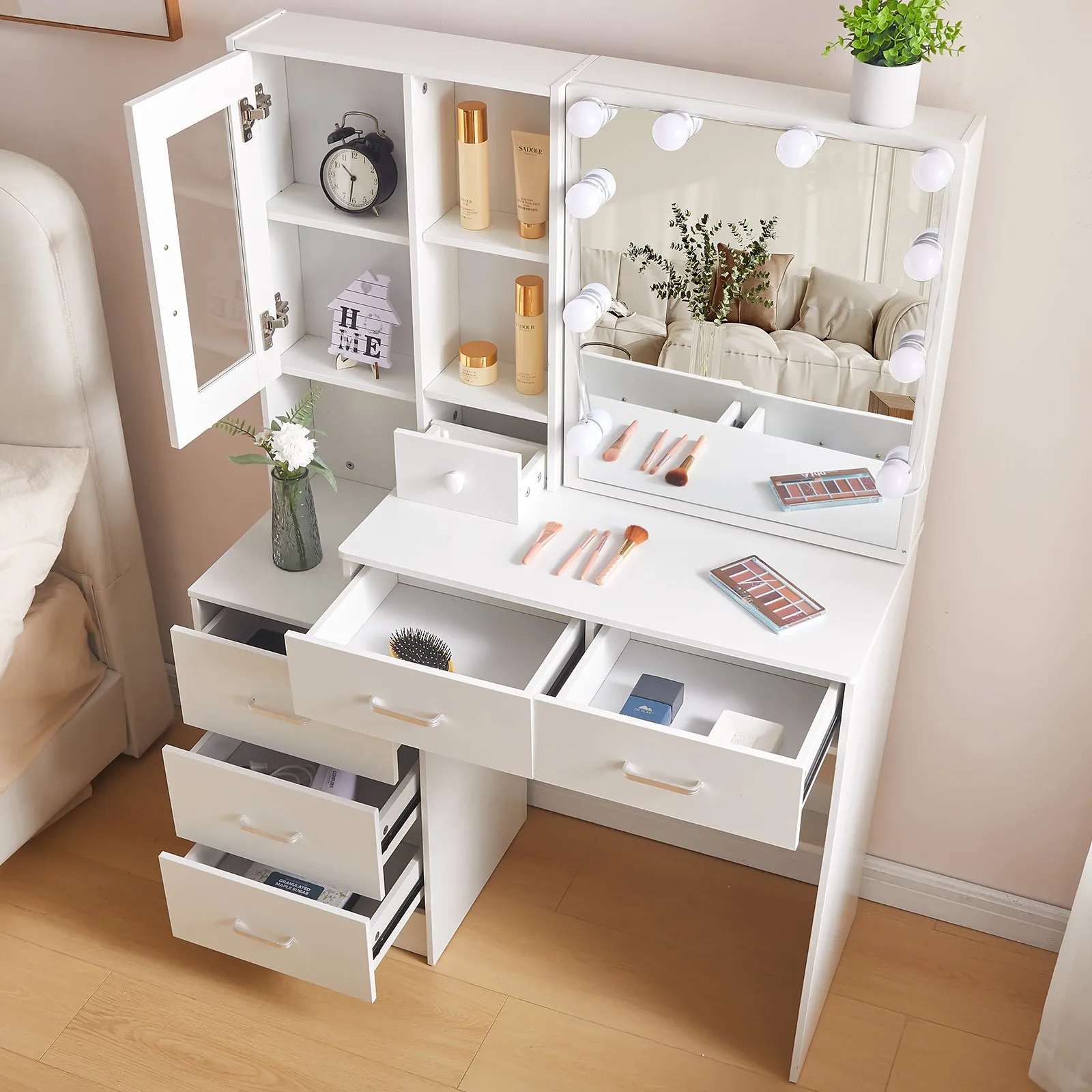 Tocador de maquillaje Escritorio de tocador moderno con 5 cajones y luces LED para maquillaje y tocador