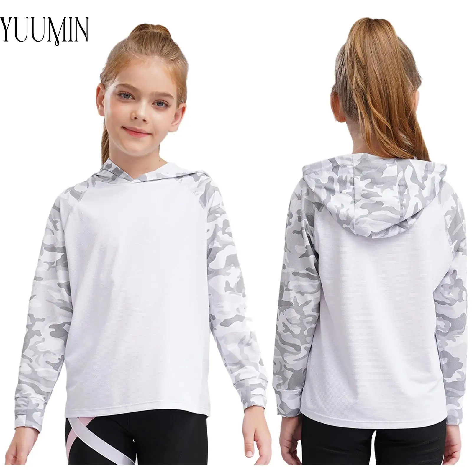

New Kids Girls Sports Hoodies Quick-Drying Hoodie Sports Top Camouflage Raglan Sleeves Sweatshirt for Tennis Training Badminton
