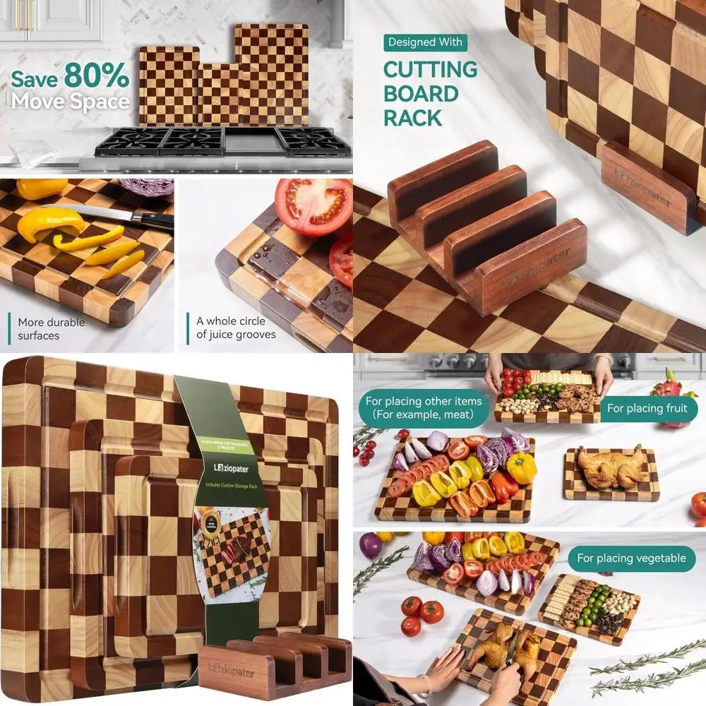 

Acacia Wood 3-Piece Cutting Board Set with Holder, Deep Juice Grooves, and Built-in Handles for Kitchen Use