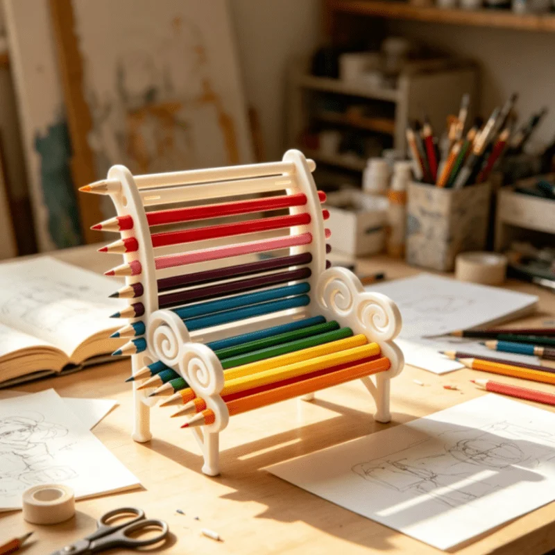 1Pc Bench‑Shaped Pencil Holder, Self‑Assembly Chair‑Style Stationery Organizer, Unique Gift for Artists & Stationery Lovers