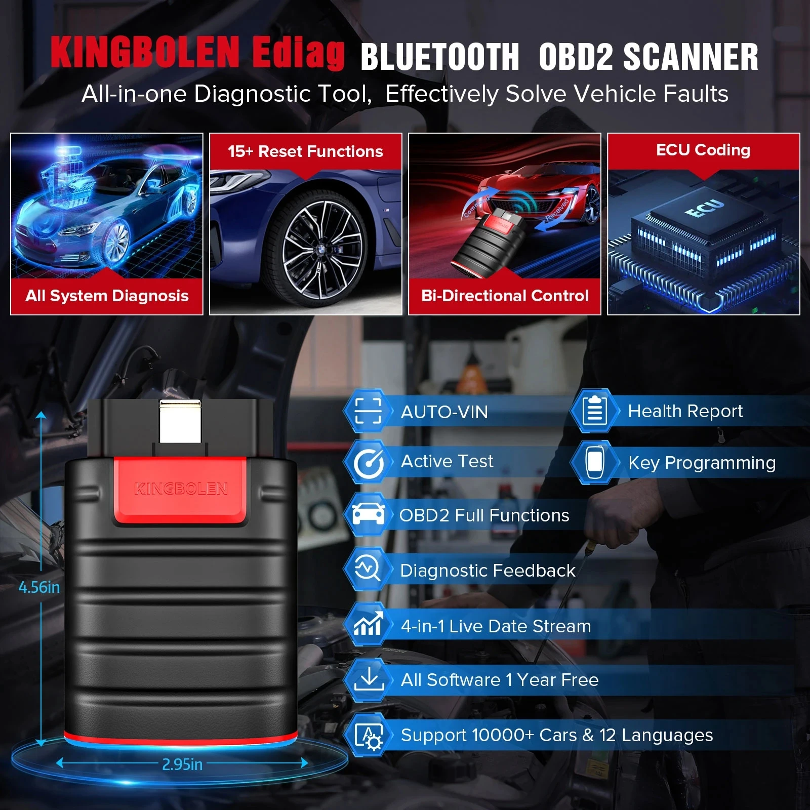 2023 Kingbolen Ediag New Version ALL Car Brand All Reset Service 1 Year Free Bluetooth OBD2 Scanner PK X431 Golo pro Easydiag