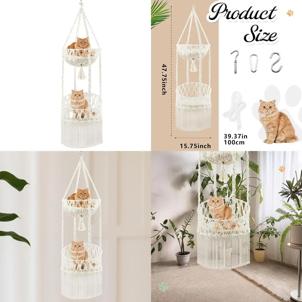 

Двухуровневая богемная макраме-качалка для кошек с мягким гамаком для отдыха, игр и лазания