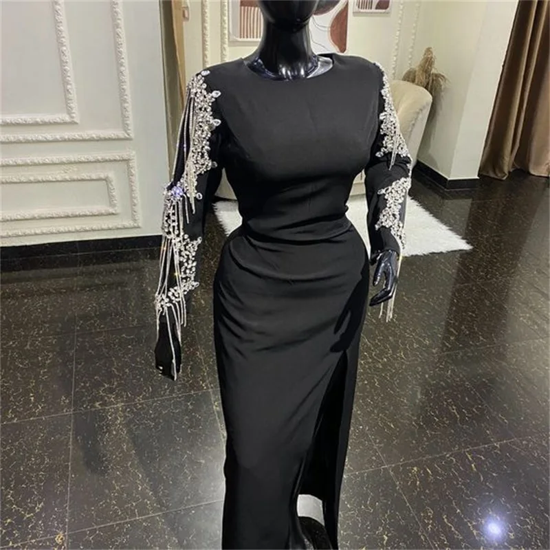 

Black Bandage Women's Prom Dress Sexy Hollow Full Sleeves Crystals Beading Skirt Formal Casual Daily Long Robes Party Gown