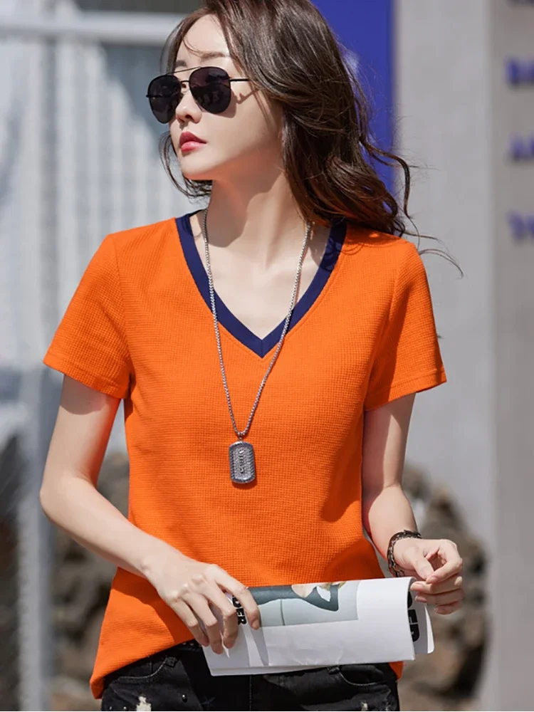 Cotton T Shirt Women Korean Fashion Short Sleeve T-shirts Summer 2024 New Loose O Neck Casual Plaid Tee Shirts Female White Tops