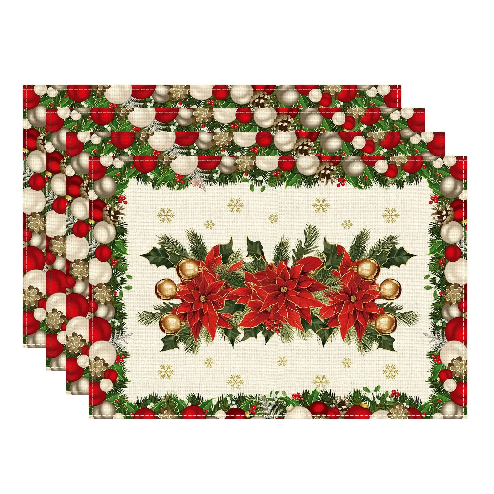 

Christmas Poinsettias Leaves Bells Snowflakes Winter Xmas Placemats Table Mats for Home Kitchen Dining Table Decor 12x18 Inch