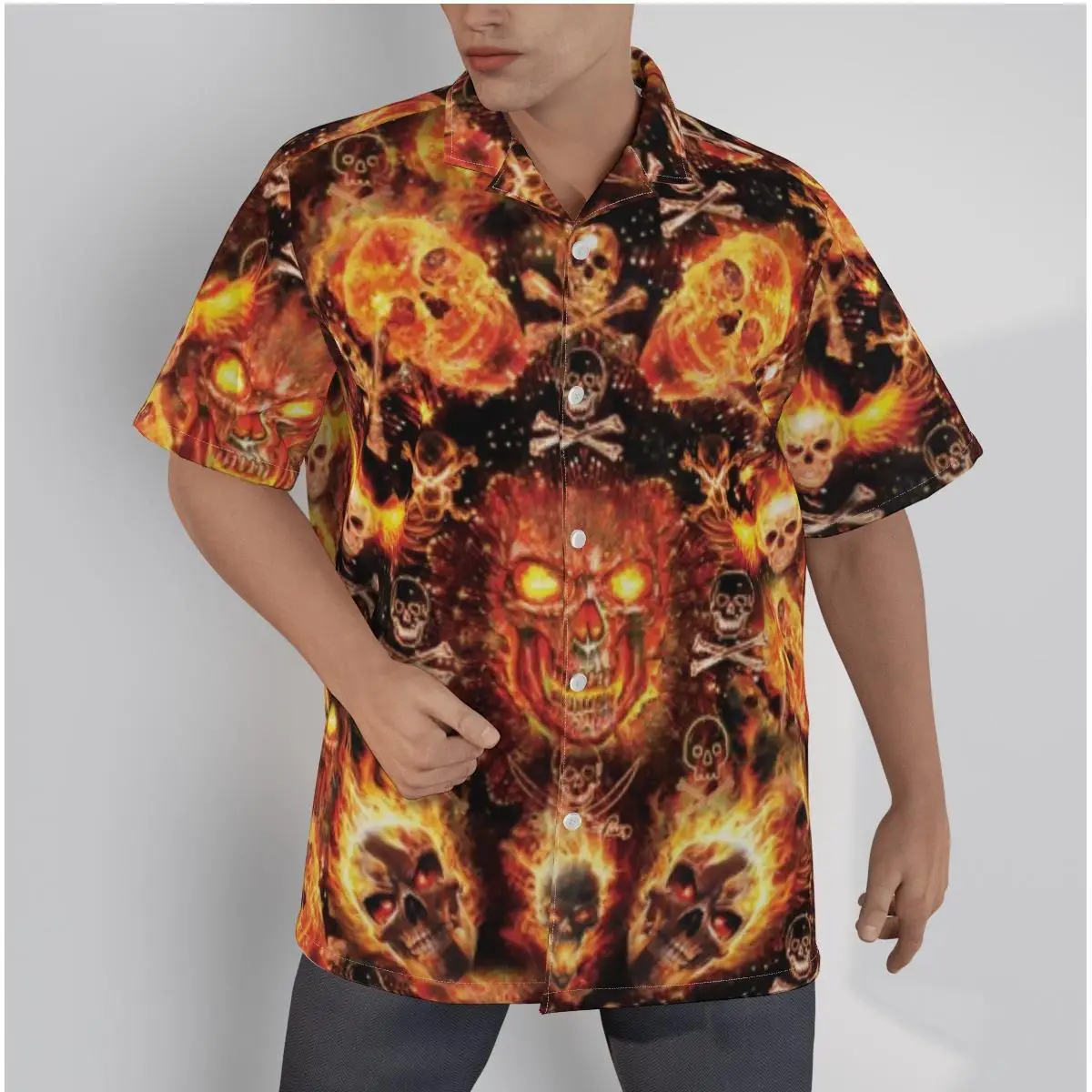 Men's Hawaiian Shirt Cool Fire Skulls Hell Beach Short Sleeve Summer Casual Button Up Patchwork Tops 3D Shirts