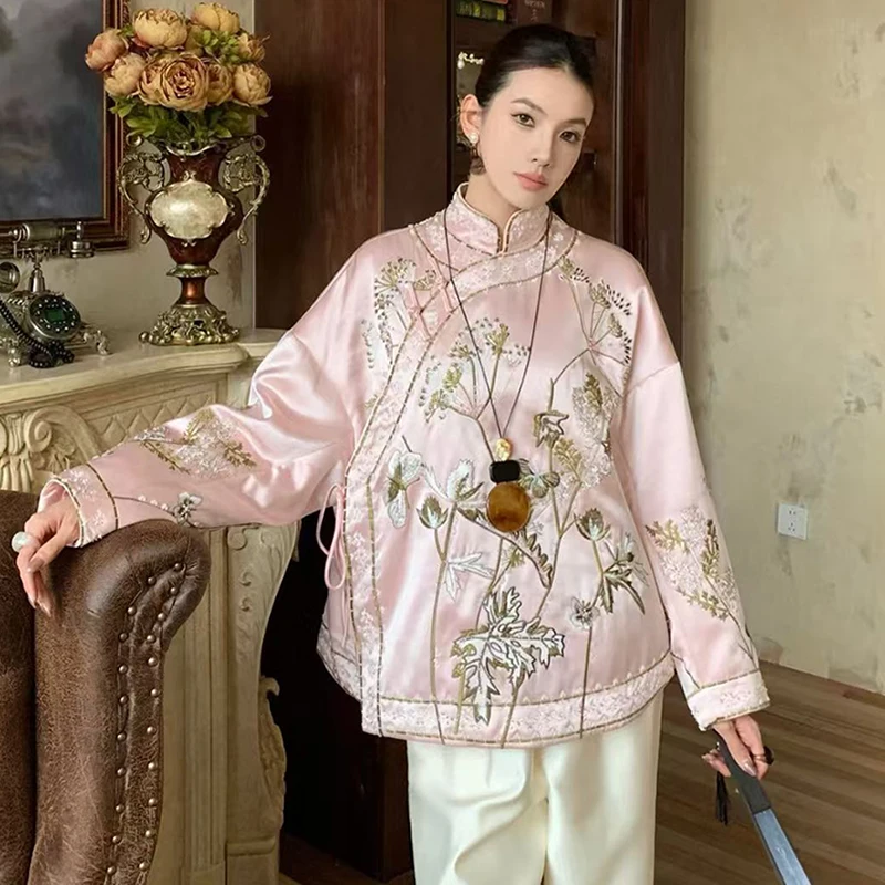 

Autumn Winter New High end Chinese style Stand up Collar Handmade Button Acetate Fabric Embroidered Camel Hair Cotton Coat S-XL