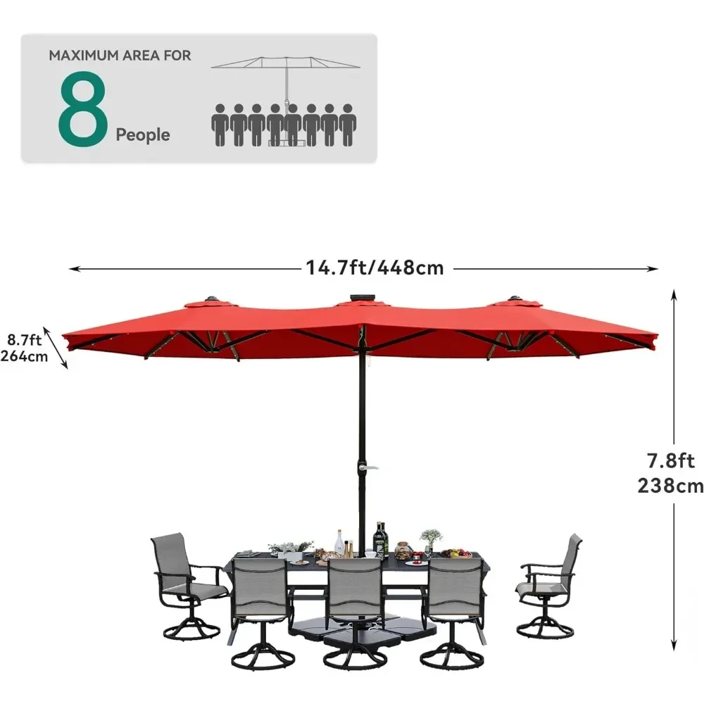 مظلة فناء كبيرة جدًا مع مصابيح شمسية ، خارجية ، على الوجهين ، مظلة طاولة السوق ، 48 مصباح ليد لحمام السباحة ، 15 قدمًا