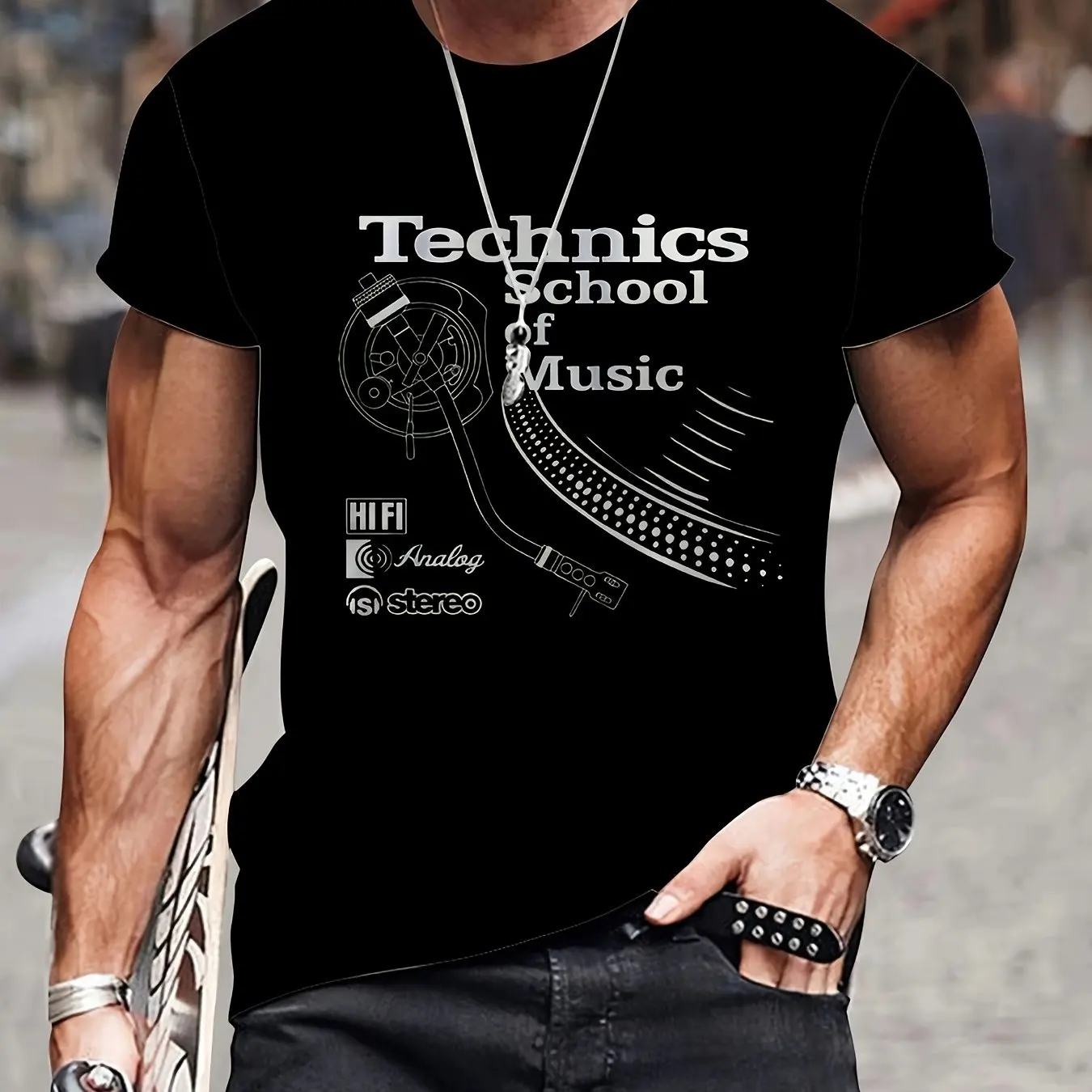 Vintage Technics School of Music T-Shirt Turntable Graphic Design 100% Cotton Black Tee for Music Lovers and Audiophiles