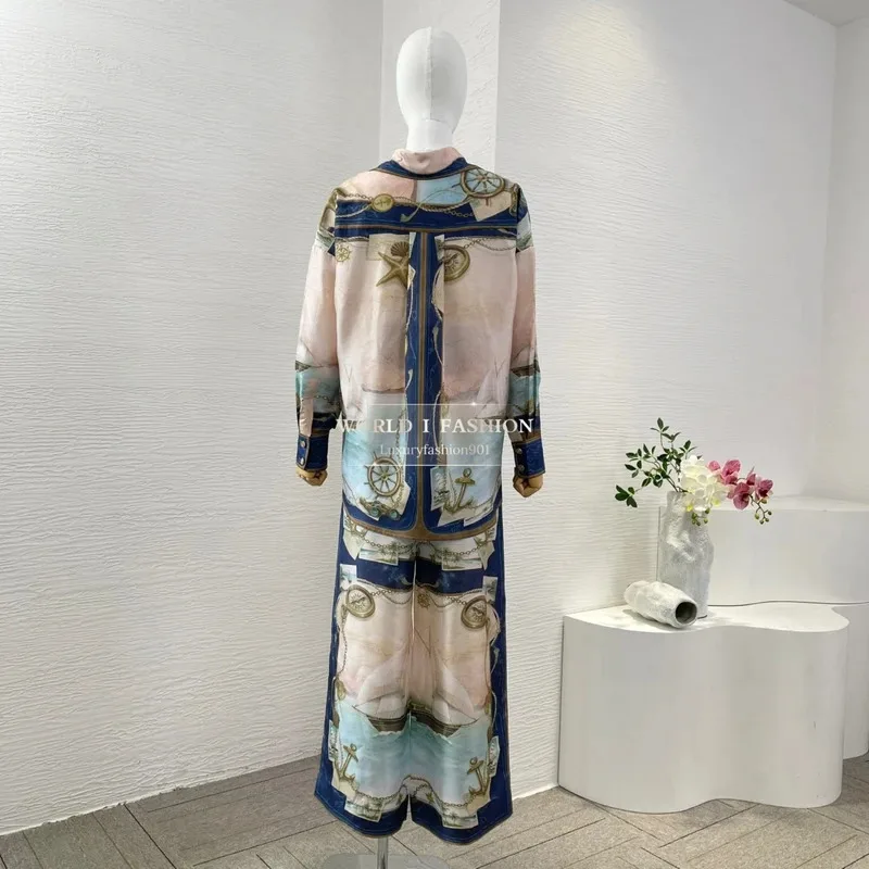 

Розовый, синий пейзажный принт, блузка с длинными рукавами, комплект из топа и брюк, новый дизайн 2025, женский наряд