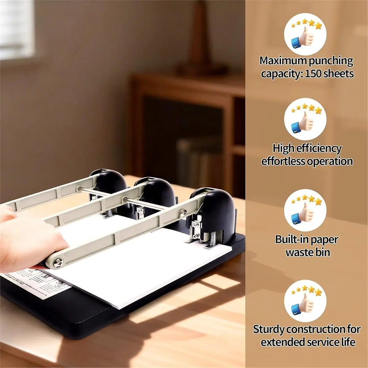 PROMOTION~ Professional 3-Hole Punch, 150 Sheet Capacity, Ergonomic Handle, Replaceable Cutter, Large Tray