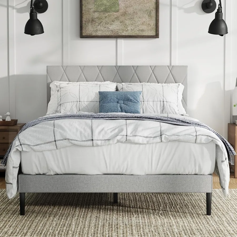 Queen Size Velvet Platform Bed Frame with Upholstered Headboard Sturdy Wooden Slats No Springs Required Easy to Assemble Noisel