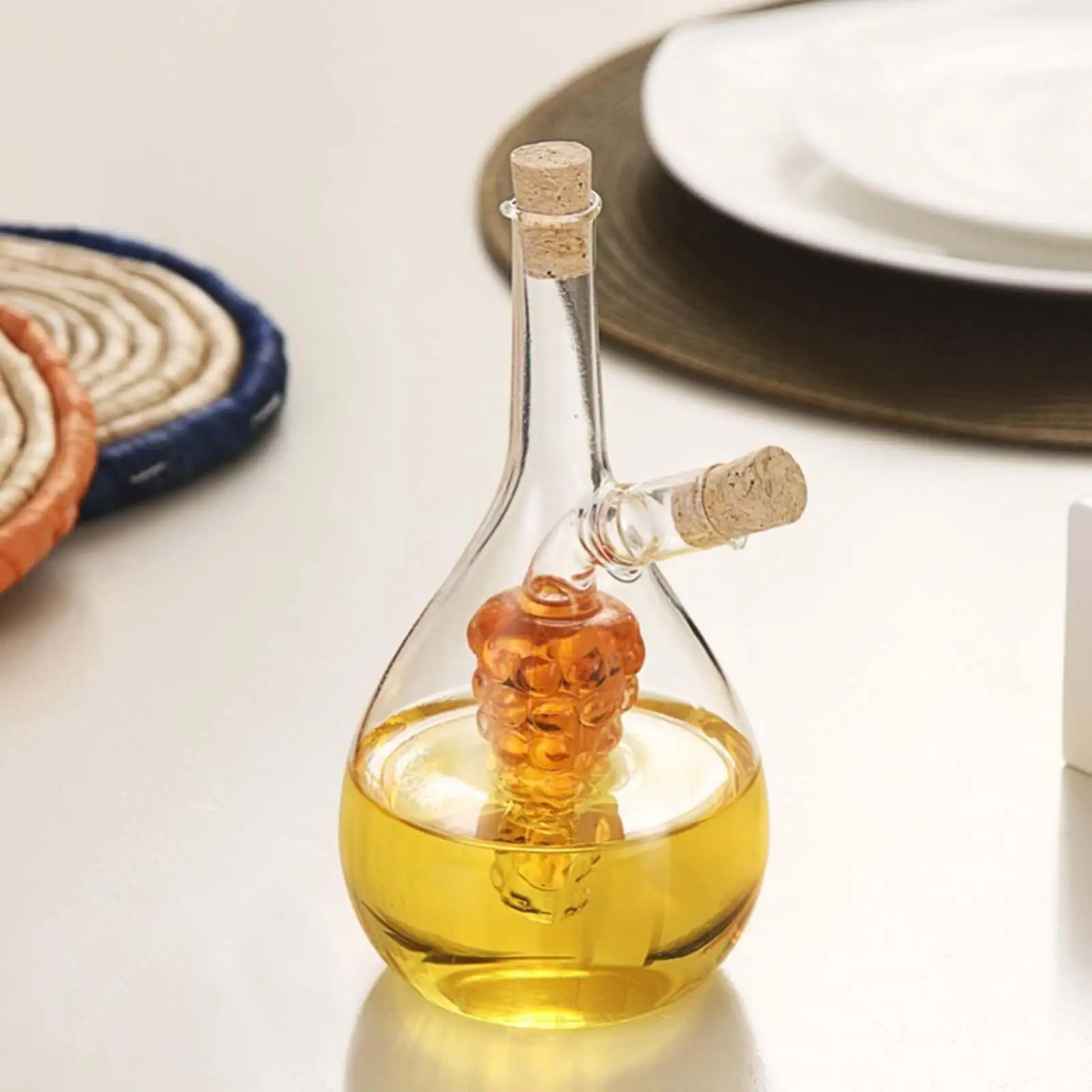 2 in 1 Glass Olive Oil Dispenser Bottle with Grape Cluster Design Double Spout for Kitchen Use