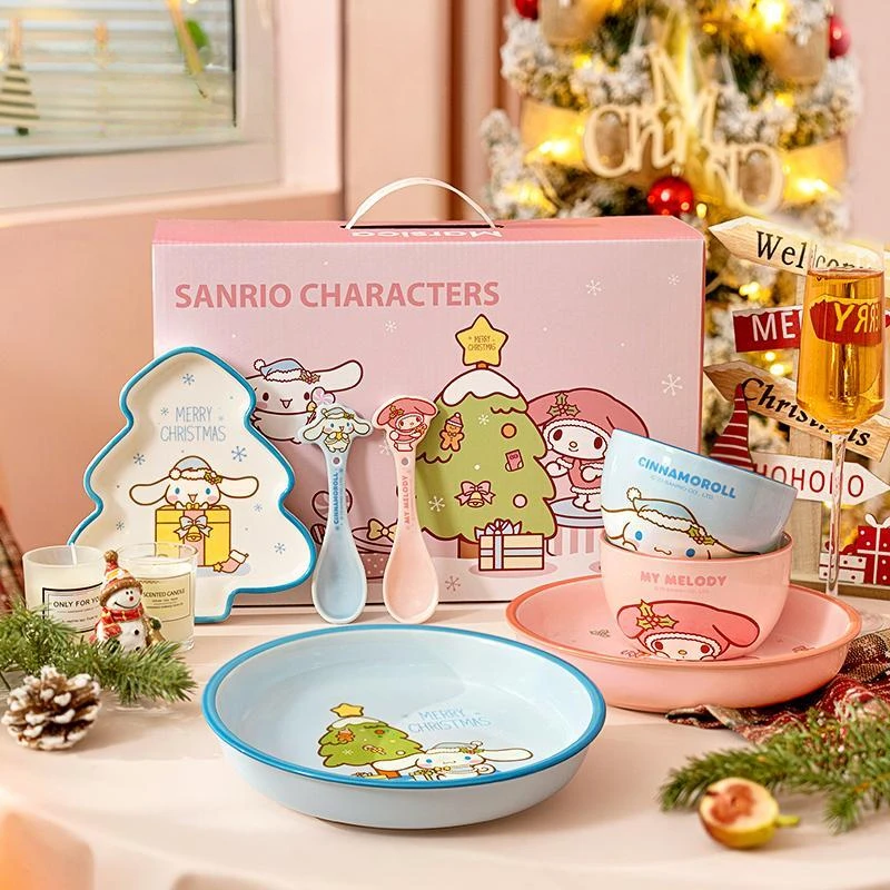 Kawaii sanrio cerâmica utensílios de mesa presentes de natal anime dos desenhos animados cinnamoroll minha melodia festa salada tigela pratos colher presente aniversário